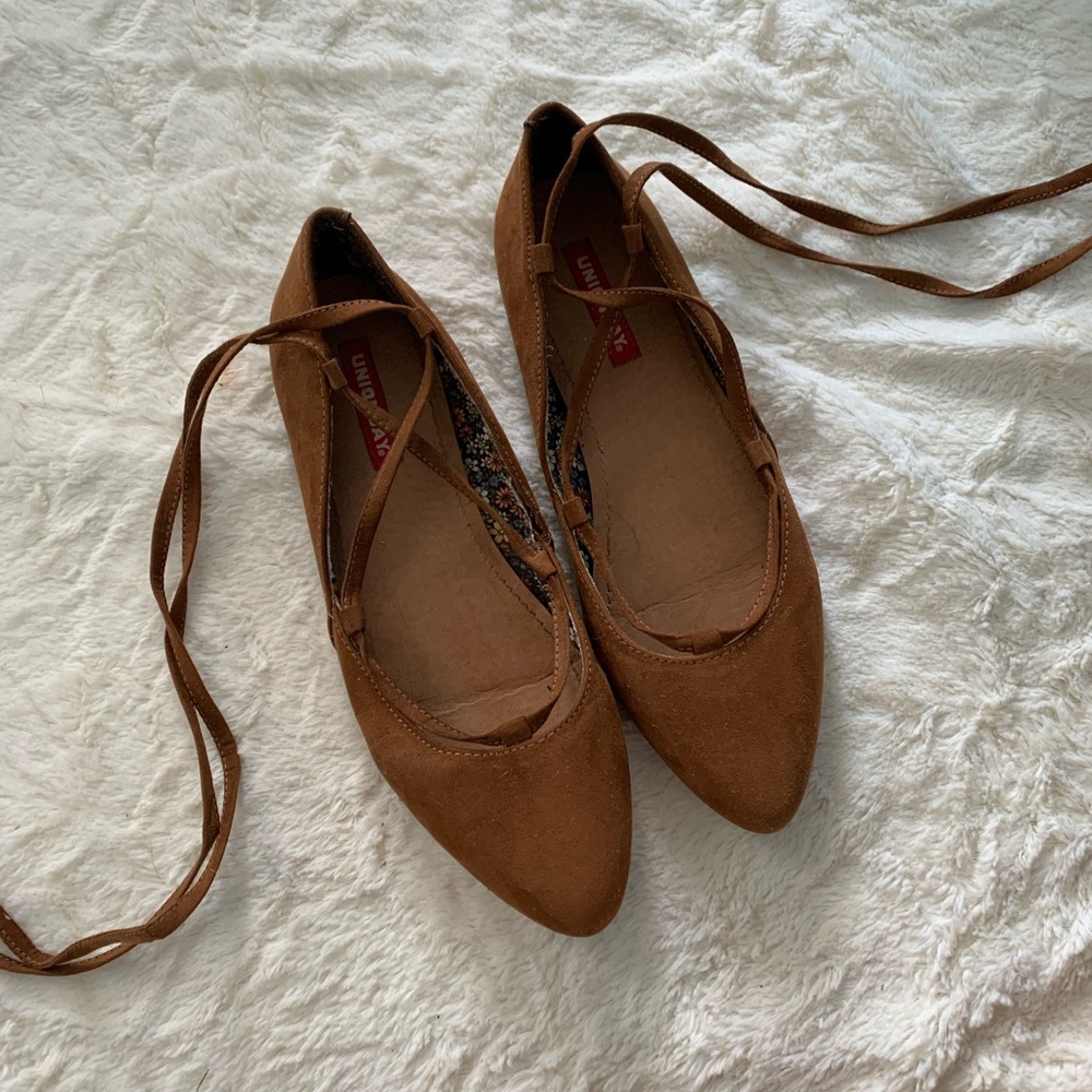 Brown suede lace up flats